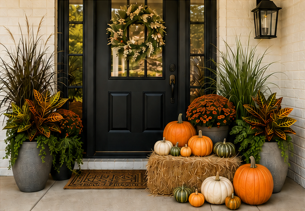 Fall porch with a black front door, wreath, lush seasonal planters, orange and white pumpkins, gourds, and hay bales.