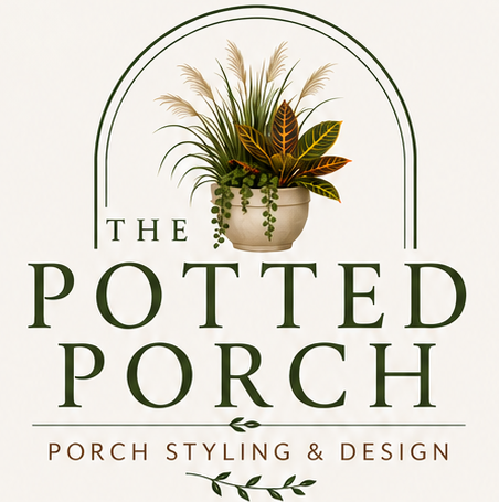 The Potted Porch. Porch Styling & Design. A seasonal planter framed by an arch.
